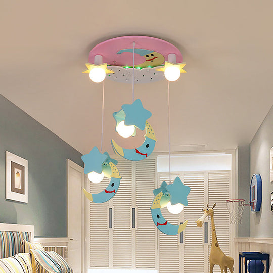 Wooden Moon and Star Semi Flush Mount Ceiling Light with Cartoon Design - 5 Blue/Pink Lights