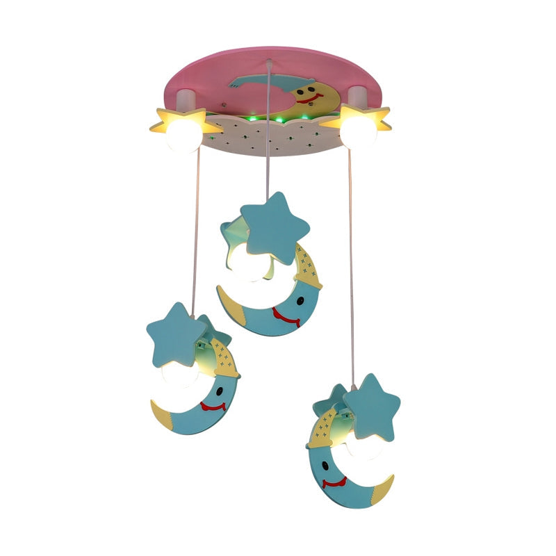 Wooden Moon and Star Semi Flush Mount Ceiling Light with Cartoon Design - 5 Blue/Pink Lights