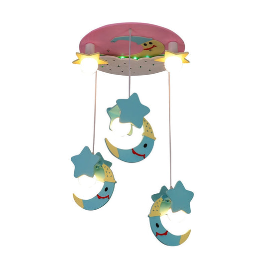 Wooden Moon And Star Semi Flush Mount Ceiling Light With Cartoon Design - 5 Blue/Pink Lights