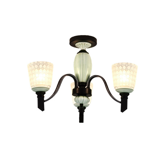 Antique Frosted Glass Conical Dining Room Semi Flush Ceiling Mount Light with 3/6 Bulbs - Black