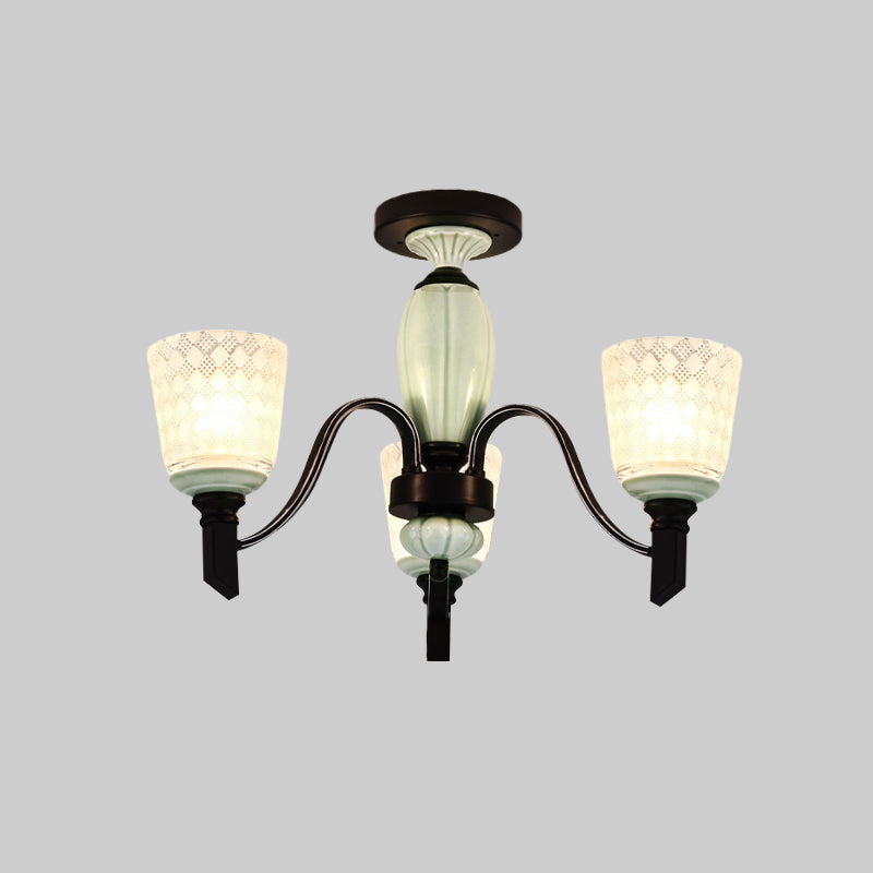 Antique Frosted Glass Conical Dining Room Semi Flush Ceiling Mount Light with 3/6 Bulbs - Black