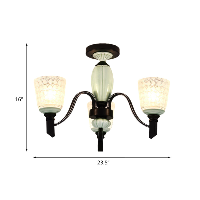 Antique Frosted Glass Conical Dining Room Semi Flush Ceiling Mount Light with 3/6 Bulbs - Black