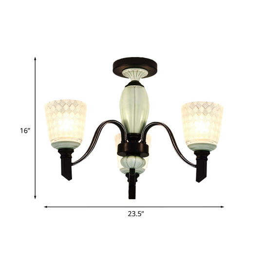 Antique Frosted Glass Conical Dining Room Semi Flush Ceiling Mount Light With 3/6 Bulbs - Black