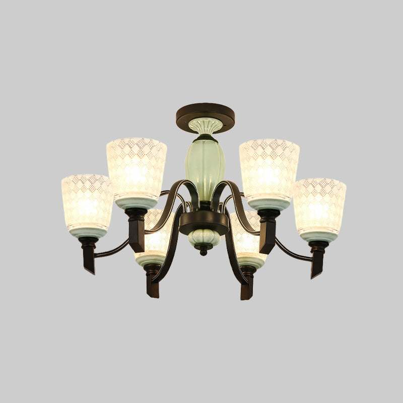 Antique Frosted Glass Conical Dining Room Semi Flush Ceiling Mount Light with 3/6 Bulbs - Black