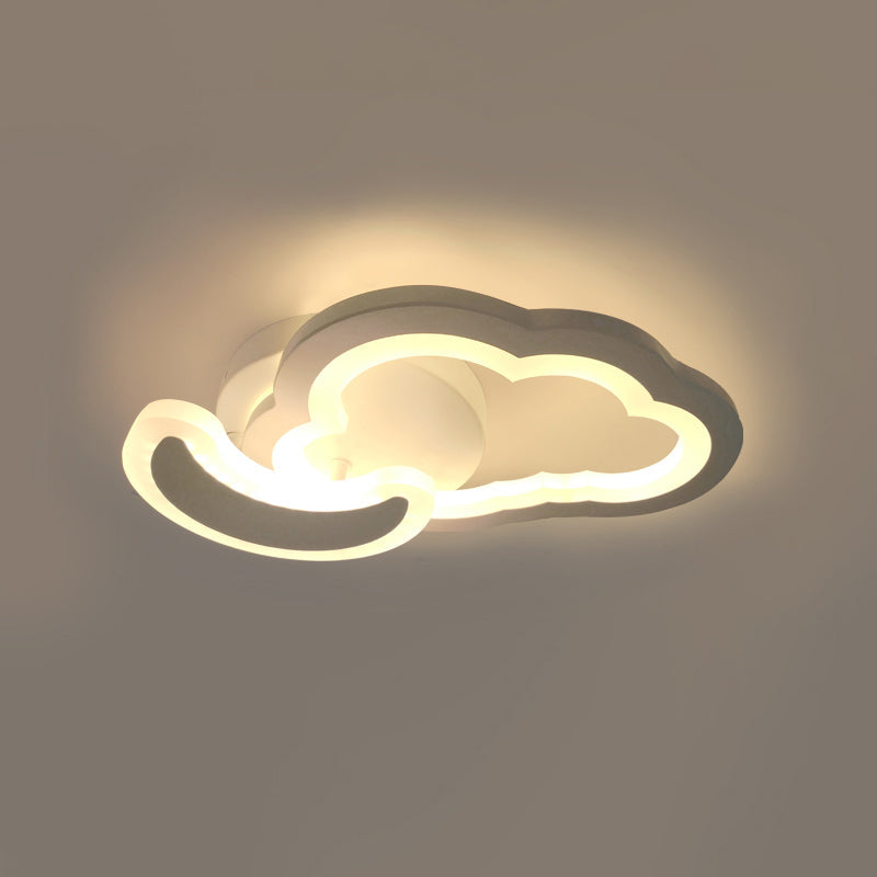 White Nordic Led Semi-Flush Foyer Lamp With Airplane Moon And Cloud Design