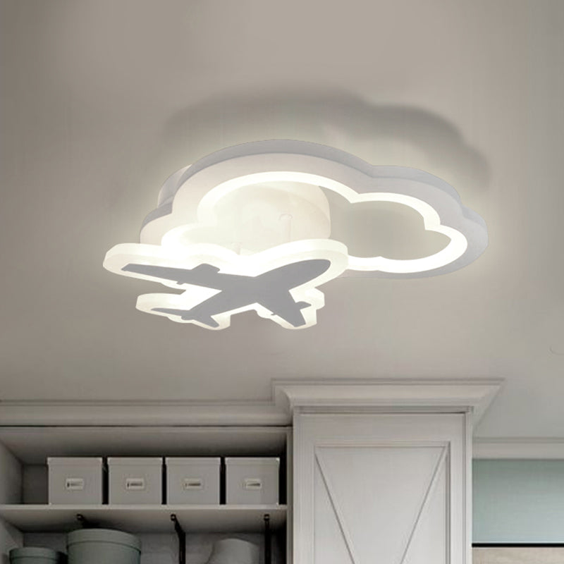 White Nordic LED Semi-Flush Foyer Lamp with Airplane, Moon, and Cloud Design