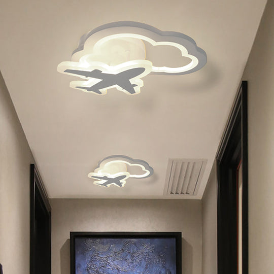 White Nordic LED Semi-Flush Foyer Lamp with Airplane, Moon, and Cloud Design