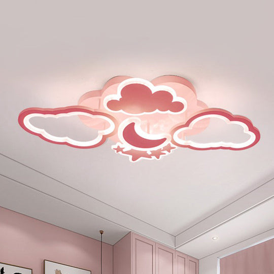 Kid's LED Ceiling Light: Moonlit Starry Sky Semi Flush Mount for Bedroom - Pink/White