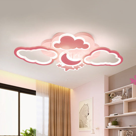 Kid's LED Ceiling Light: Moonlit Starry Sky Semi Flush Mount for Bedroom - Pink/White