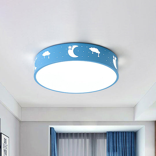 Cutout Iron Shade LED Flush Mount Ceiling Light for Kids Room - Moon-Star/Cube/Elephant Design in Pink/White/Blue