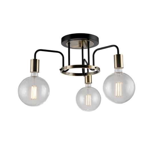 Vintage Black & Gold Semi-Flush Ceiling Lamp with Clear Glass - Ideal for Living Rooms (3/5-Bulb)