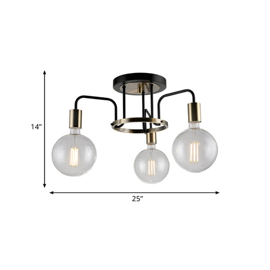 Vintage Black & Gold Semi-Flush Ceiling Lamp with Clear Glass - Ideal for Living Rooms (3/5-Bulb)