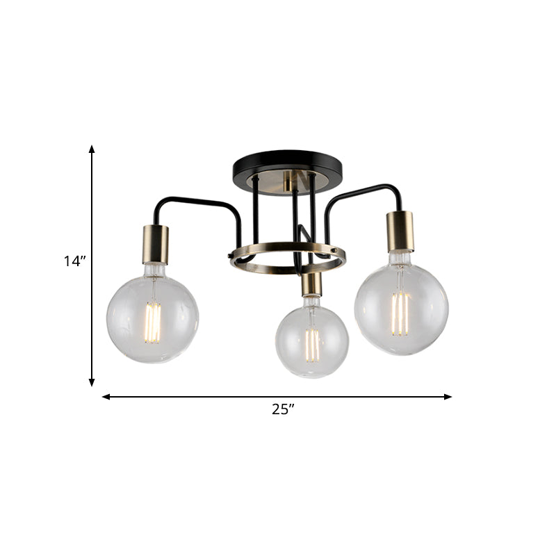 Vintage Black & Gold Semi-Flush Ceiling Lamp With Clear Glass - Ideal For Living Rooms (3/5-Bulb)