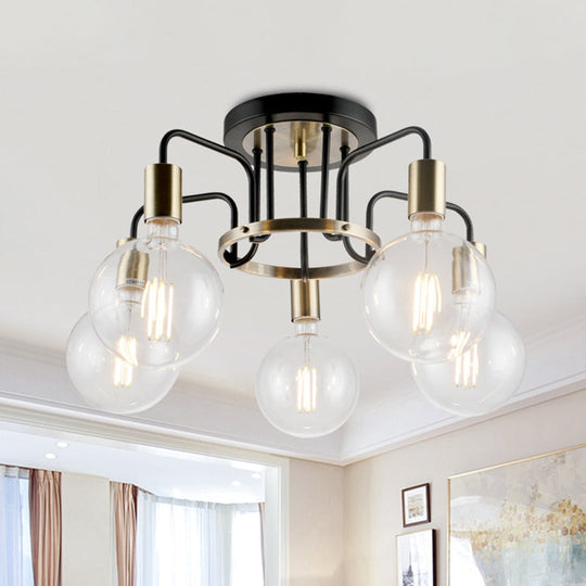 Vintage Black & Gold Semi-Flush Ceiling Lamp with Clear Glass - Ideal for Living Rooms (3/5-Bulb)