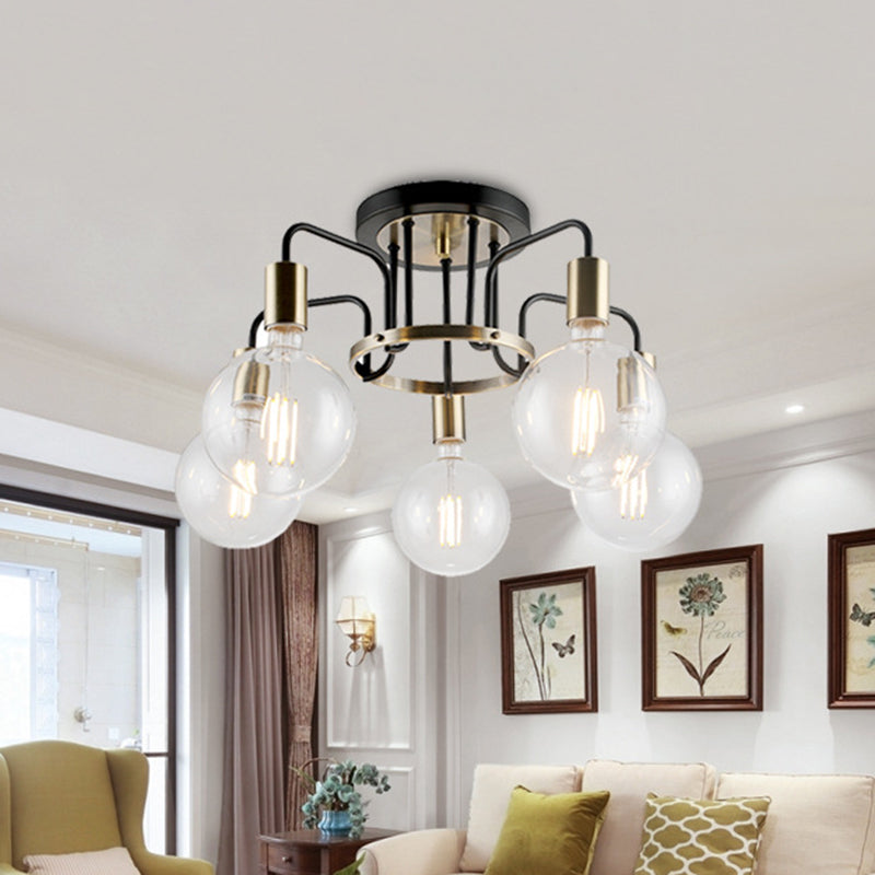 Vintage Black & Gold Semi-Flush Ceiling Lamp with Clear Glass - Ideal for Living Rooms (3/5-Bulb)