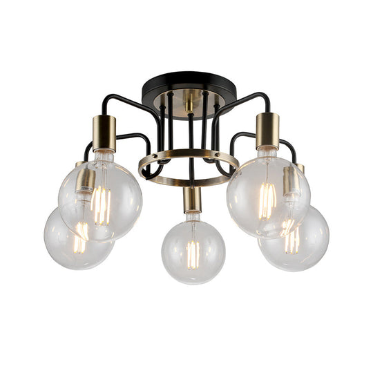 Vintage Black & Gold Semi-Flush Ceiling Lamp with Clear Glass - Ideal for Living Rooms (3/5-Bulb)