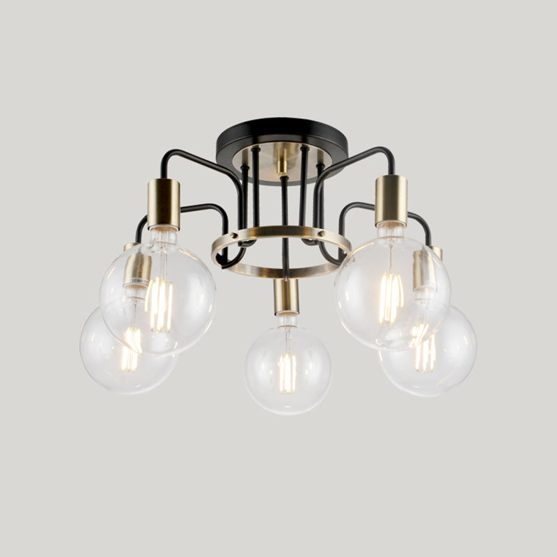 Vintage Black & Gold Semi-Flush Ceiling Lamp with Clear Glass - Ideal for Living Rooms (3/5-Bulb)