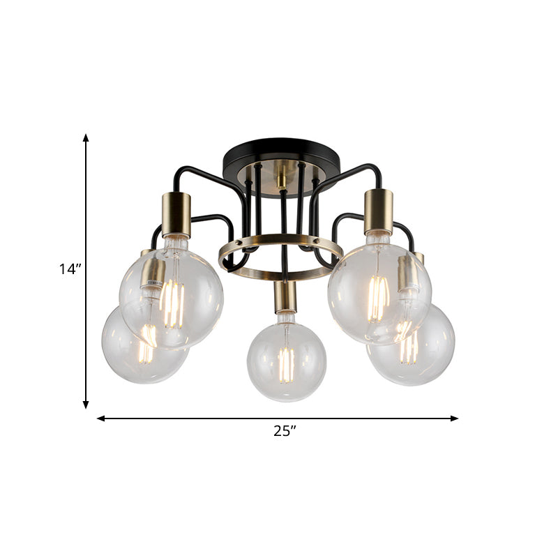 Vintage Black & Gold Semi-Flush Ceiling Lamp with Clear Glass - Ideal for Living Rooms (3/5-Bulb)