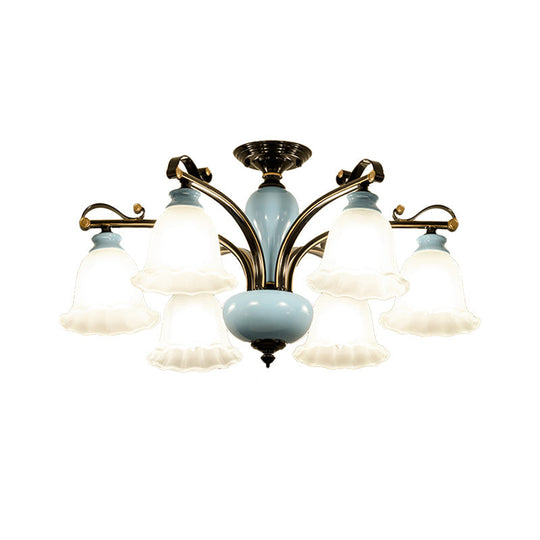 Traditional Flower White Glass Semi-Flush Ceiling Light - Bedroom Lamp (6/8 Heads)