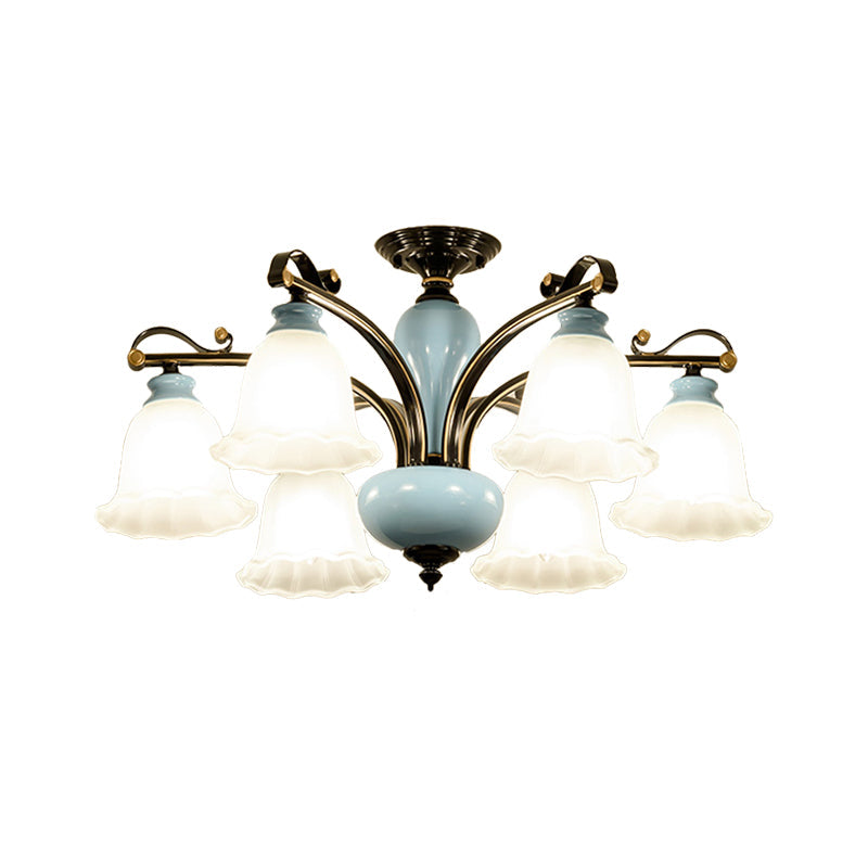 Traditional Flower White Glass Semi-Flush Ceiling Light - Bedroom Lamp (6/8 Heads)