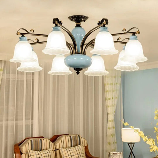 Traditional Flower White Glass Semi-Flush Ceiling Light - Bedroom Lamp (6/8 Heads)