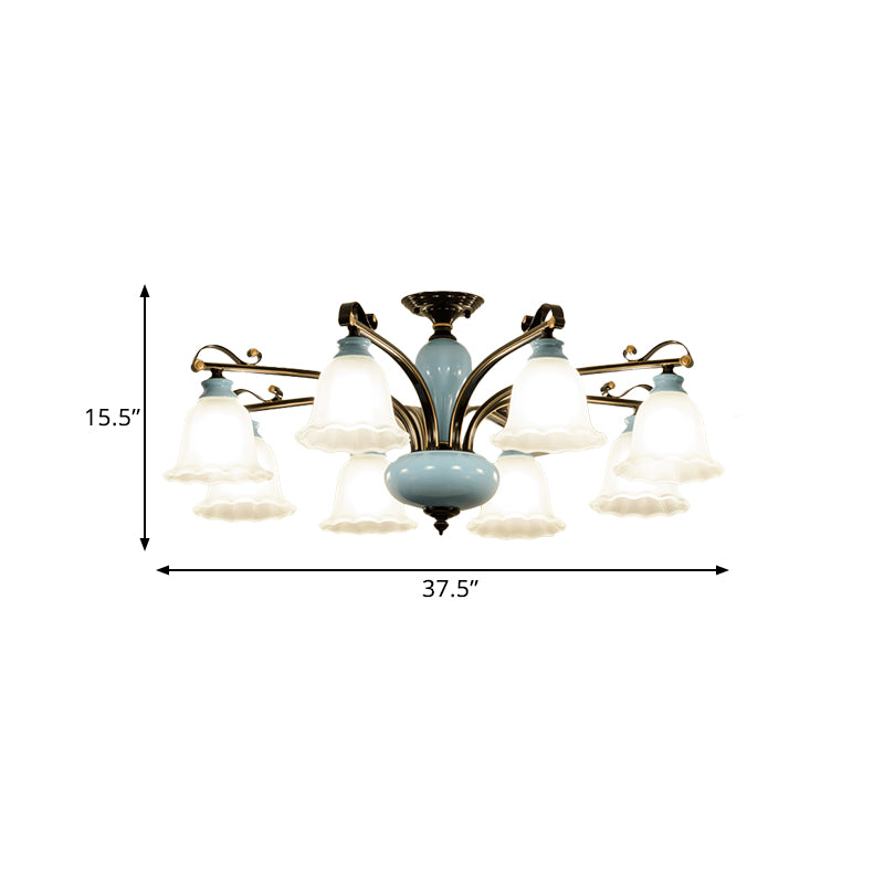 Traditional Flower White Glass Semi-Flush Ceiling Light - Bedroom Lamp (6/8 Heads)