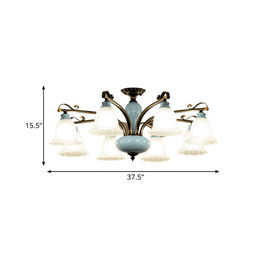 Traditional Flower White Glass Semi-Flush Ceiling Light - Bedroom Lamp (6/8 Heads)