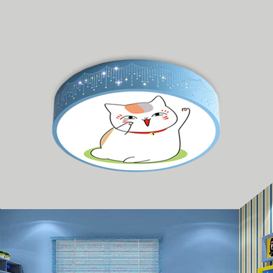 Cartoon Cat Led Flushmount Light For Kids Room Ceiling In Blue/White Blue