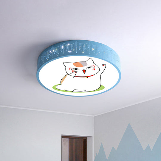 Cartoon Cat Led Flushmount Light For Kids Room Ceiling In Blue/White