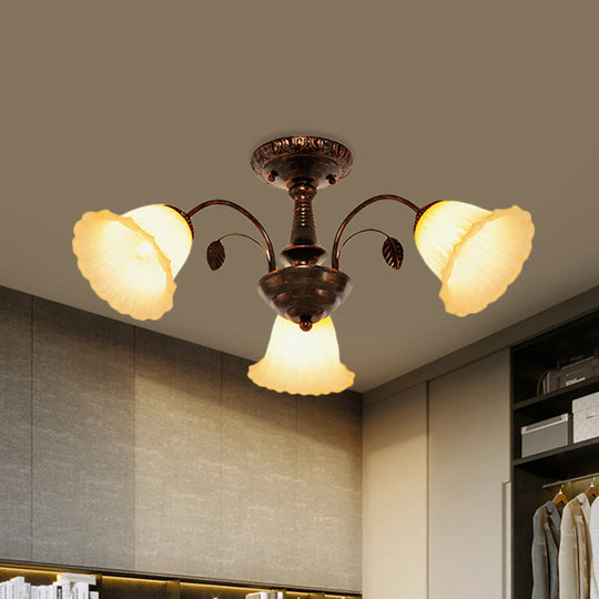 Bronze Countryside Blossom Ceiling Mount Light Fixture with Frosted Glass for Bedroom - 3/5 Lights Semi Flush