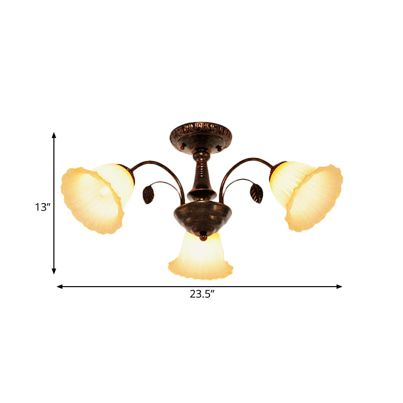 Bronze Countryside Blossom Ceiling Mount Light Fixture with Frosted Glass for Bedroom - 3/5 Lights Semi Flush