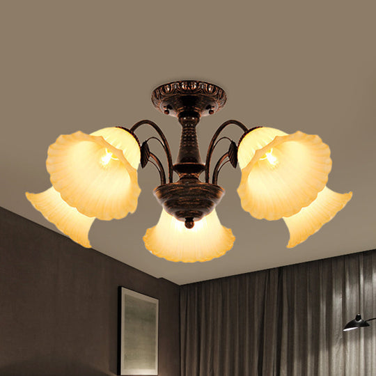 Bronze Countryside Blossom Ceiling Mount Light Fixture with Frosted Glass for Bedroom - 3/5 Lights Semi Flush