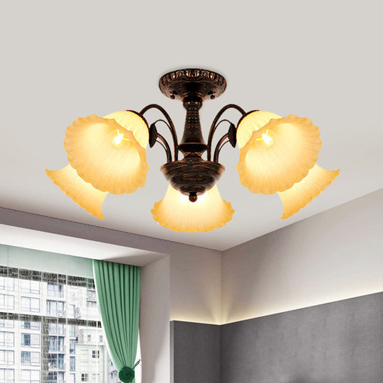 Bronze Countryside Blossom Ceiling Mount Light Fixture With Frosted Glass For Bedroom - 3/5 Lights