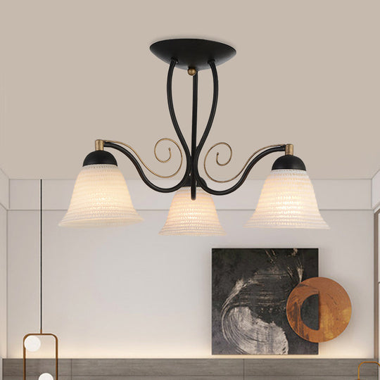 Bell Rustic Opal Glass Ceiling Light Fixture - Semi Flush Mount, 3 Heads, Black, for Bedroom