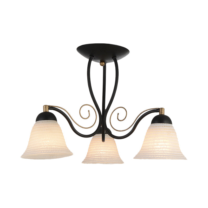 Bell Rustic Opal Glass Ceiling Light Fixture - Semi Flush Mount, 3 Heads, Black, for Bedroom