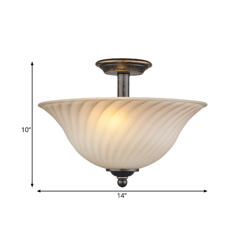 Semi Flush Mount 3-Head White Glass Light in Countryside Bronze Finish - Ideal for Curved Bedroom Lighting