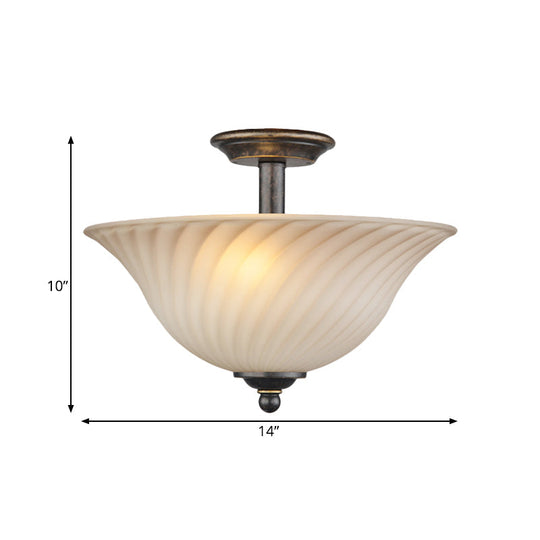 Semi Flush Mount 3-Head White Glass Light in Countryside Bronze Finish - Ideal for Curved Bedroom Lighting