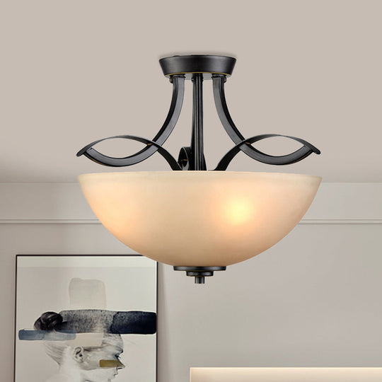 Rustic Frosted Glass Ceiling Light: Black Semi Flush 3-Bulb Bowl for Bedroom