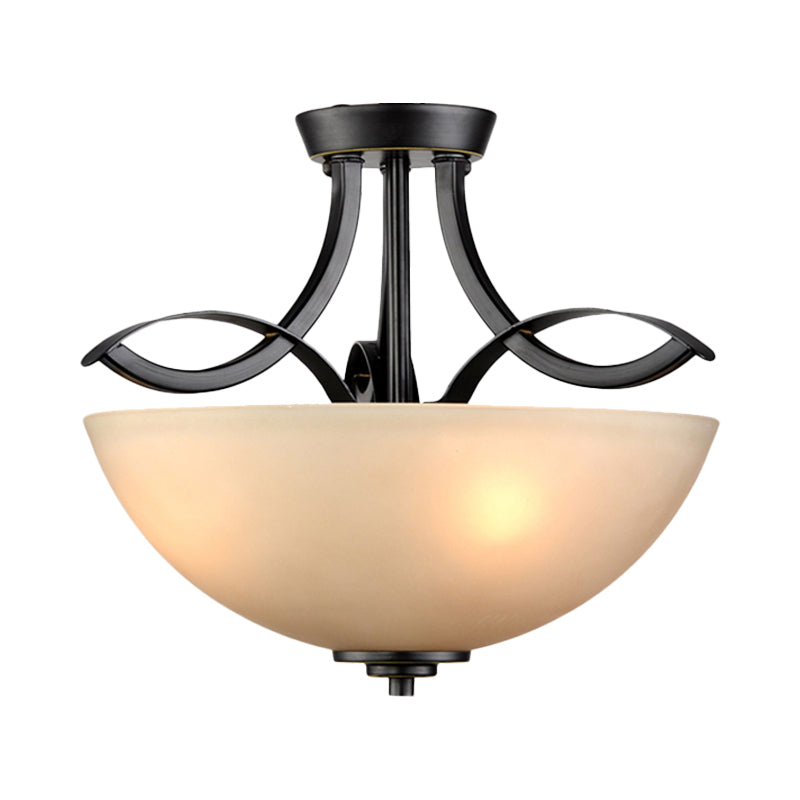 Rustic Frosted Glass Ceiling Light: Black Semi Flush 3-Bulb Bowl for Bedroom