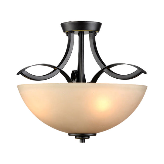 Rustic Frosted Glass Ceiling Light: Black Semi Flush 3-Bulb Bowl For Bedroom