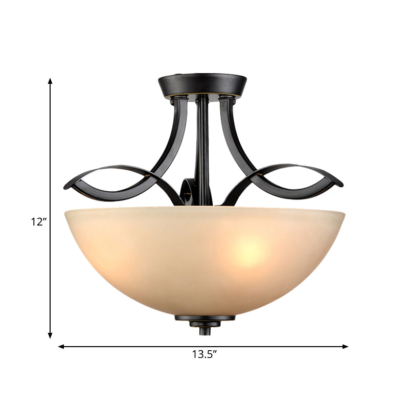 Rustic Frosted Glass Ceiling Light: Black Semi Flush 3-Bulb Bowl for Bedroom