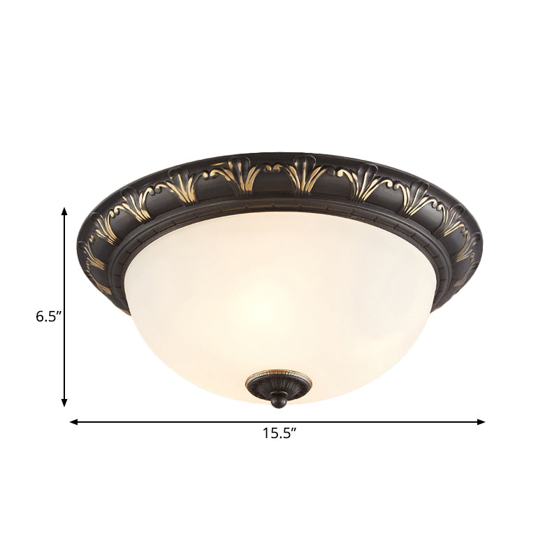 Flush Mount Ceiling Light Fixture With White Glass Dome For Bedroom - 2/3 Heads Black 12/15.5 W