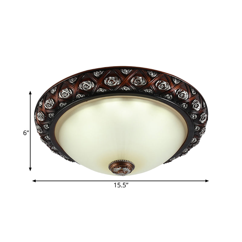 Rustic Bowl White Glass Flush Mount Lamp With Rose Pattern Trim - 2/3-Bulb Light Fixture (12/15.5 W)