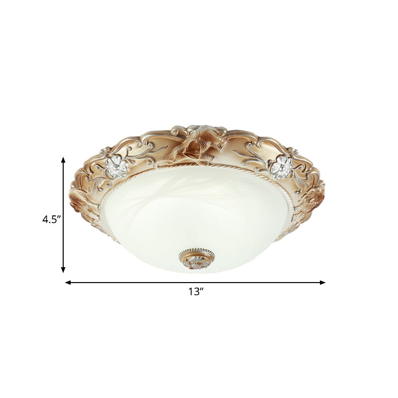 Rustic White Glass Bowl Flush Mount Light With Carved Edge - 2/3 Bulbs 13/17 Wide