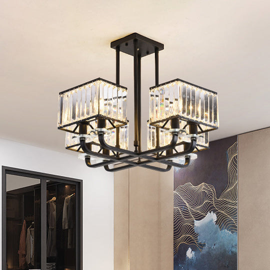 Black Crystal Block Semi Flush Mount Lighting with Minimalist Design - 6/8 Heads