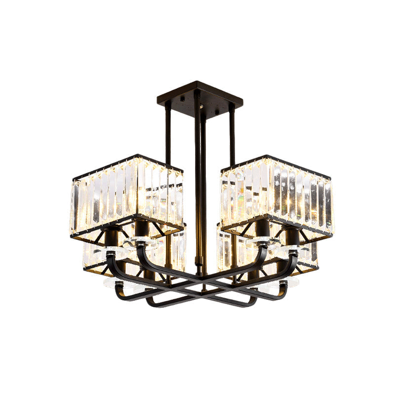 Black Crystal Block Semi Flush Mount Lighting with Minimalist Design - 6/8 Heads