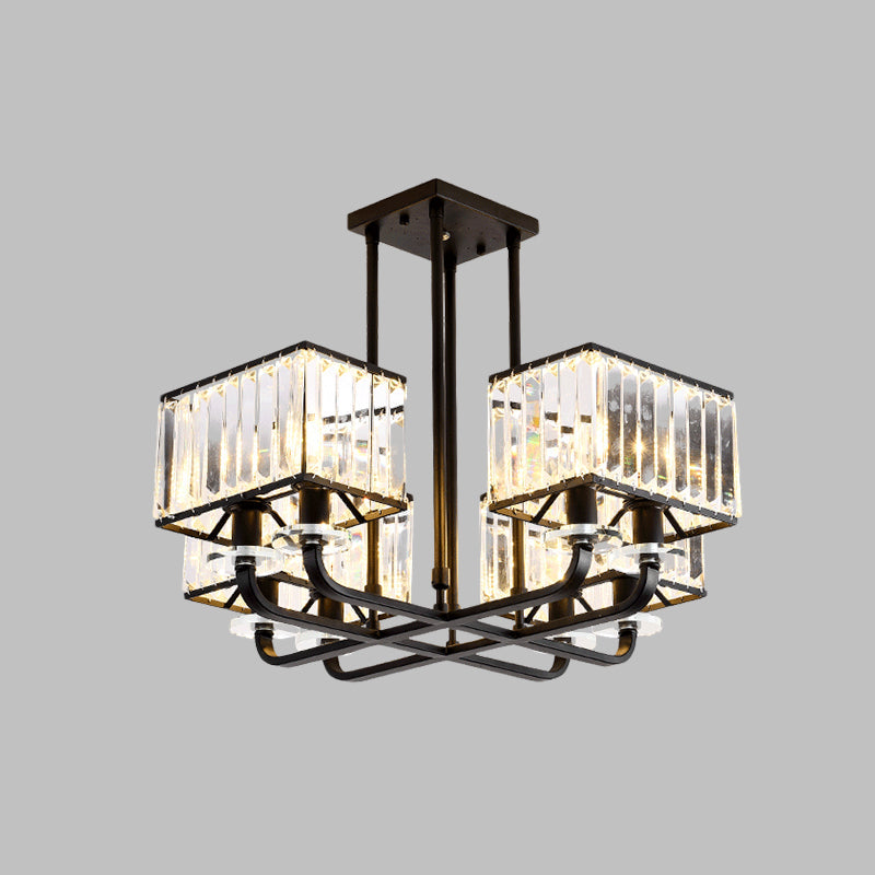 Black Crystal Block Semi Flush Mount Lighting with Minimalist Design - 6/8 Heads