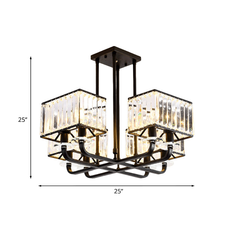 Black Crystal Block Semi Flush Mount Lighting with Minimalist Design - 6/8 Heads