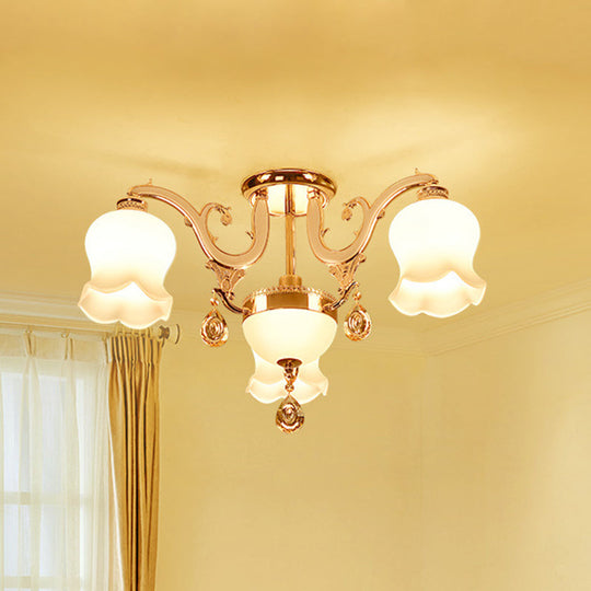 Opal Glass Semi Flush Ceiling Light with Crystal Drop - Traditional Scalloped Design in Gold