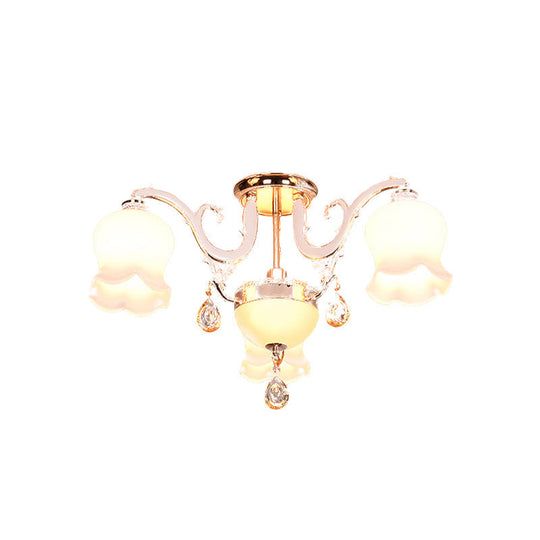 Opal Glass Semi Flush Ceiling Light with Crystal Drop - Traditional Scalloped Design in Gold